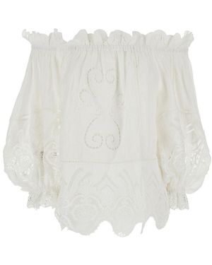 CAMILLA Off Shoulder Top With All-Over Embroidery - White