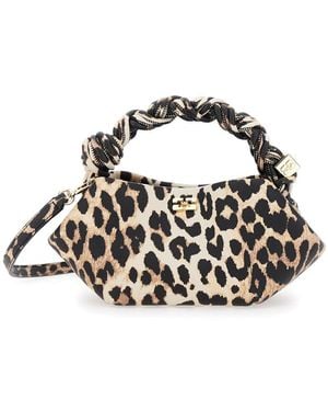 Ganni 'Bou' Mini Handbag With Braided Handle And All-Over Leopar - Black