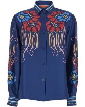 La DoubleJ Silk Shirt With Classic Collar And All-Over Print For - Blue