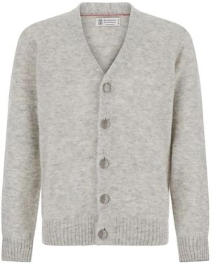 Brunello Cucinelli V-Neck Cardigan With Logo-Engraved Buttons In - Grey