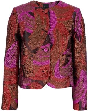 Plain Fuchsia Collarless Jacket With All-Over Broccato Motif - Red