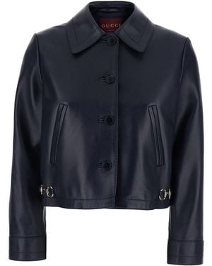 Gucci Jacket With Classic Collar And Horsebit Plaque On The Waist - Blue