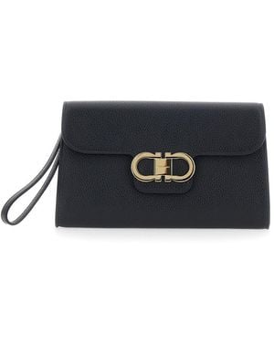 Ferragamo Clutch With Double Gancini Buckle On The Front - Black