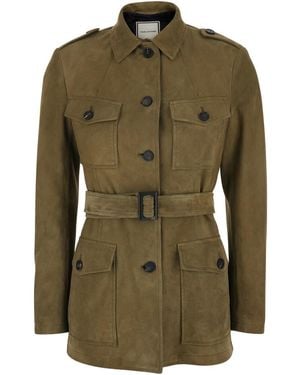 Tagliatore Single-Breasted Leather Jacket With Classic Collar And Belt On The Waist - Green