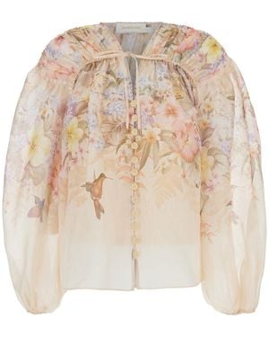 Zimmermann Linen And Silk Blend Floral Blouse - Natural