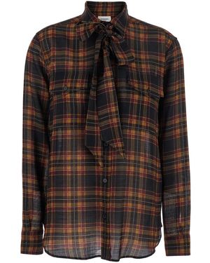 Saint Laurent Camicia Con Colletto Lavallière E Motivo Check All-Over - Nero