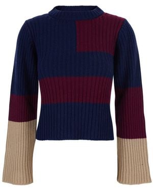 ..,merci Maglione Girocollo Con Design A Coste E Motivo Color Block - Blu