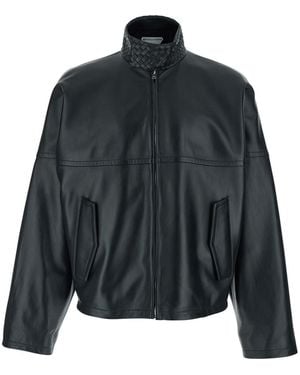 Bottega Veneta Bomber Jacket With High Collar With Intreccio Design - Black