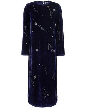 forte_forte 'Fleurs D'Orient' Crew Neck Long Dress With All-Over - Blue