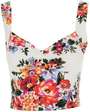 Dolce & Gabbana Dolce & Gabbana Stretch Cotton Blend Flower Bouquet-Print Bustier Top - Red
