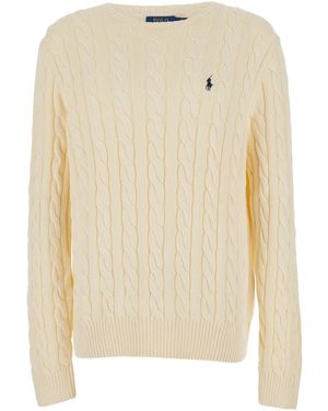 Polo Ralph Lauren Crewneck Jumper With Cable Knit And Pony Embr - Natural