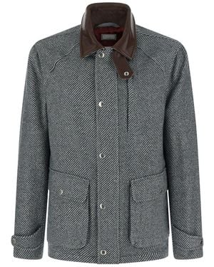 Brunello Cucinelli Jacket With Leather Collar And Diagonal Motif - Grey