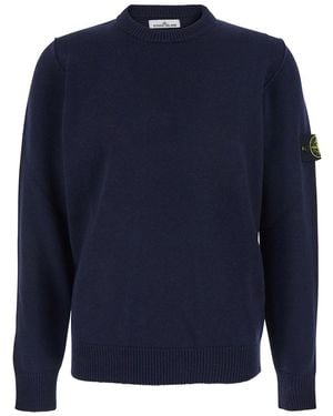 Stone Island Crewneck Jumper With Logo Patch On The Sleeve - Blue