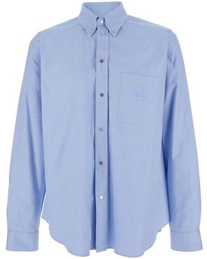 Fendi Light Cotton Shirt With Embroidered Details For - Blue