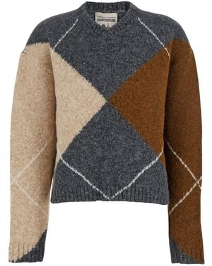 Semicouture Sweater With Round Neck And All-Over Argyle Motif In - Brown