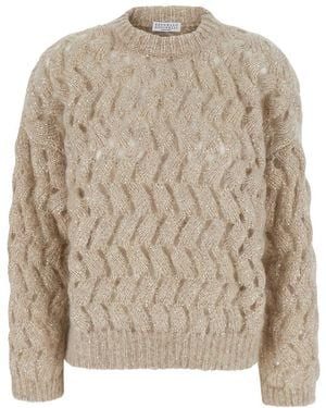 Brunello Cucinelli Dress 'Braided Knit' With Round Neck And Long Sleeves - Natural