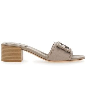 Fendi Sandals With Wide Band With Ff Cut-Out And Medium Block Heel - Natural