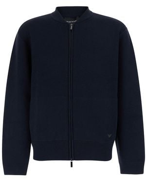 Emporio Armani V-Neck Wool Pullover Tops - Blue