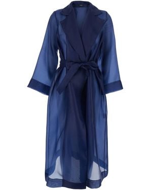 Plain Trench Coat With Notched Revers And Front Belt Closure - Blue