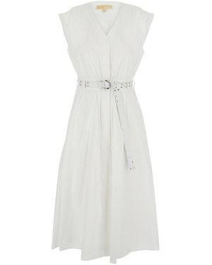 MICHAEL Michael Kors Sleeveless Long Dress With V Neck And Adjustable Belt - White
