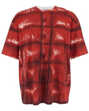 Moncler Genius Crewneck T-Shirt With Quilted Effect Graphic Print On The Front And Logo Lettering On The Rear - Red