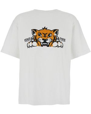 KENZO T-Shirt 'Gots Happy Tiger' Girocollo Con Maxi Ricamo Logo Sul Fr - Bianco