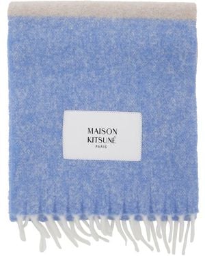 Maison Kitsuné Sciarpa Con Patch Logo Sul Fronte E Orlo Sfrangiato In - Blu