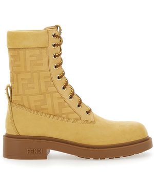 Fendi Combat Boots With Tone-On-Tone Ff Motif And Side Logo - Natural