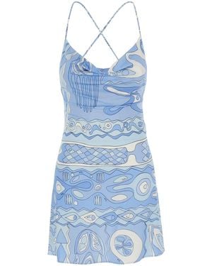 PUCCI Light Sleeveless Dress With Crossed Spaghetti Straps And All-Over Geometric Print - Blue