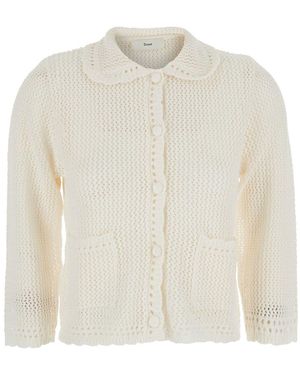 DUNST Collared Crochet Knit Cardigan Jumper With Collar And Lon - White