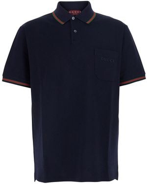 Gucci Polo With Web Detail And Logo Lettering On The Front - Blue