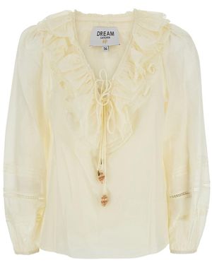 DREAM CATCHER 'Aria' Blouse With V-Neck And Ruffles On The Front - Natural