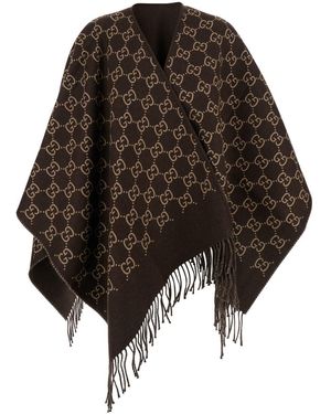 Gucci Cape With Fringes And Gg All-Over Motif - Black