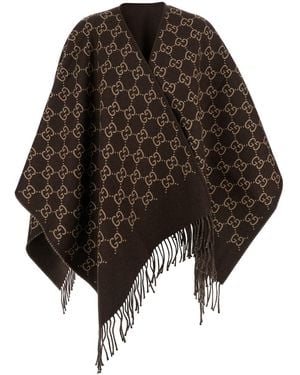 Gucci Cape With Fringes And Gg All-Over Motif - Black