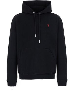Ami Paris Felpa Con Cappuccio E Logo Rosso Ami De Coeur, Cotone - Blu