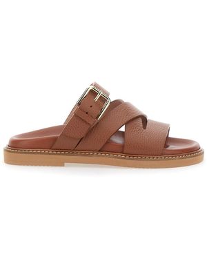 Pollini Leather Open Toe Sandals With Buckle Closure For - Brown