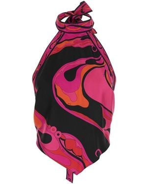 PUCCI Fuchsia Sleeveless Top With Halterneck And All-Over Orchidea Pri - Pink