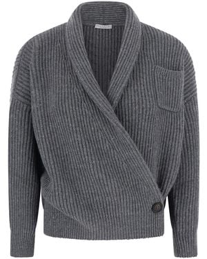 Brunello Cucinelli Cardigan With Wrap Closure And All-Over Micro - Grey