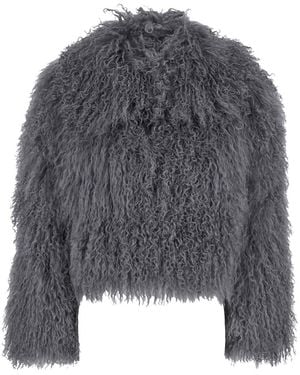 Plain Cropped Fur Jacket With Concealed Front Closure - Gray