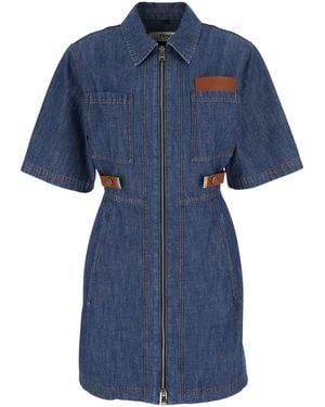 Fendi Dress With Classic Collar And Leather Logo Patch On The Fro - Blue