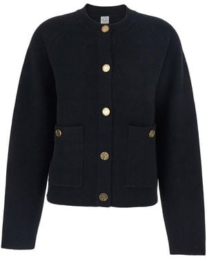 TOTEME Crewneck Wool Cardigan With Pockets - Blue
