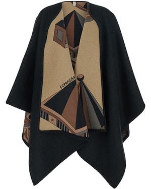 Ferragamo Cape With Nadir Motif And Logo Lettering On The Front - Black