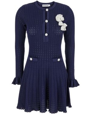Self-Portrait Crewneck Midi Dress With Flower Embellishment On Th - Blue