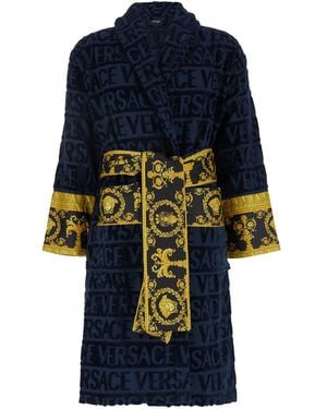 Versace 'Baroque' Bathrobe With All-Over Logo Print - Blue