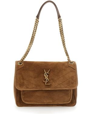 Saint Laurent Ysl Bo Mng Niki M Suede Satin Calf Goya - Brown