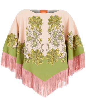La DoubleJ Reversible Poncho With Fringes And Coat Collar - Pink
