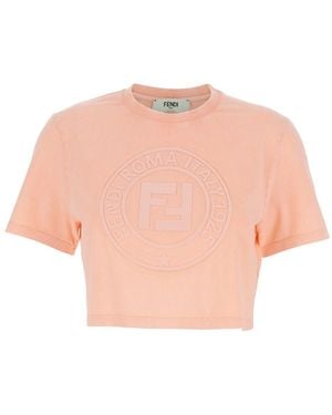 Fendi T-Shirt Con Design Corto E Logo Sul Fronte - Rosa
