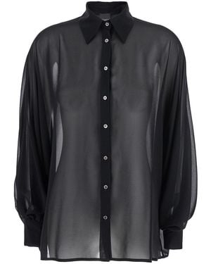 Plain Oversize Blouse With Classic Collar And See-Through Design - Black