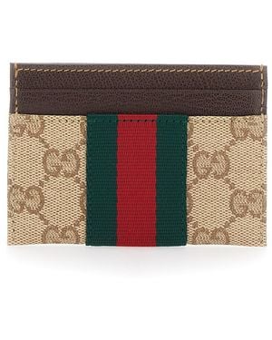 Gucci Card Holder With Web Stripe And All-Over Gg Motif - Natural