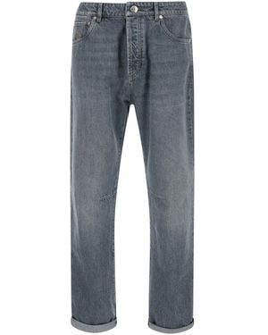 Brunello Cucinelli Jeans With Logo Embroidery On The Front And Lo - Blue